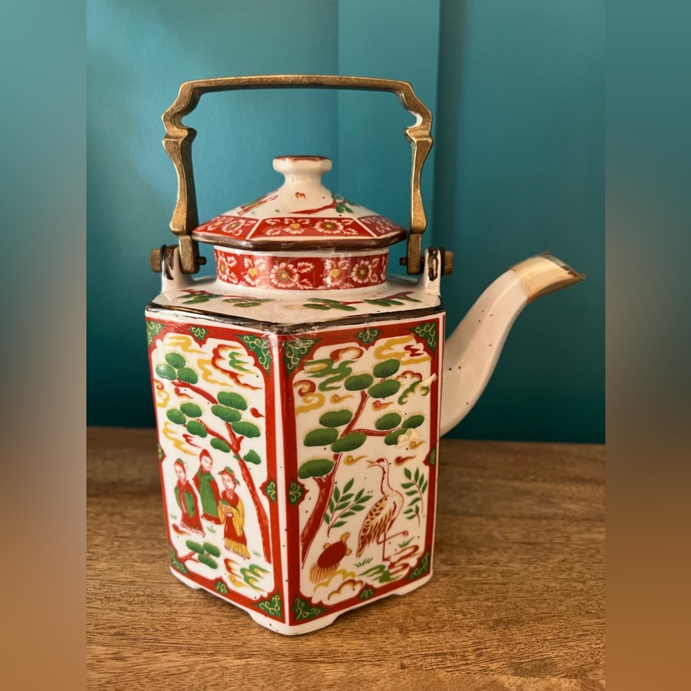 Vintage Japanese Stoneware Hexagon Teapot Brass Handle Chinoiserie People Trees